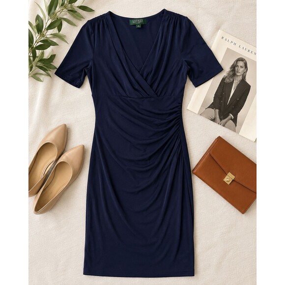 Lauren Ralph Lauren Dresses & Skirts - Lauren Ralph Lauren Dress Womens 6 Navy Faux Wrap Ruched Sheath Midi Career